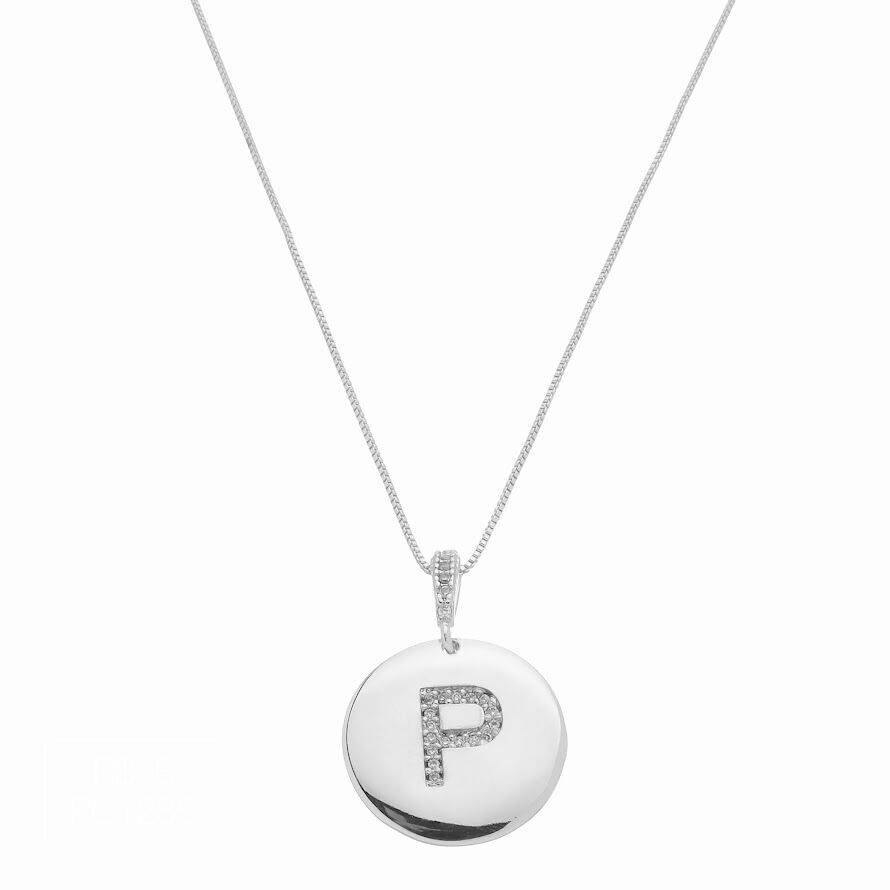 Pingente Letra P Moeda Tássia Cravejado Cristal Prateado